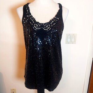 EXPRESS BLACK SEQUIN AND LACE SIZE L RACERBACK TANK TOP
